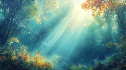 Obraz premium Sunbeams Illuminating a Misty Forest with Autumnal Hues