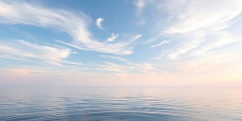 Obraz premium Soft gradient sky with wispy clouds and gentle ripples on the surface of a serene body of water, soothing atmosphere, gentle movement, pearl