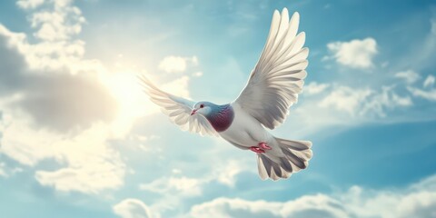 Fototapeta premium Bird flying freely in open sky, symbolizing freedom and peace.