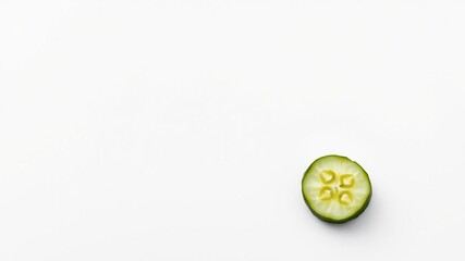 Obraz premium A solitary pickled cucumber slice against a stark white background with subtle shadows and texture, snack, solo food image