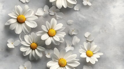 Fototapeta premium White Daisies and Petals on a Gray Background