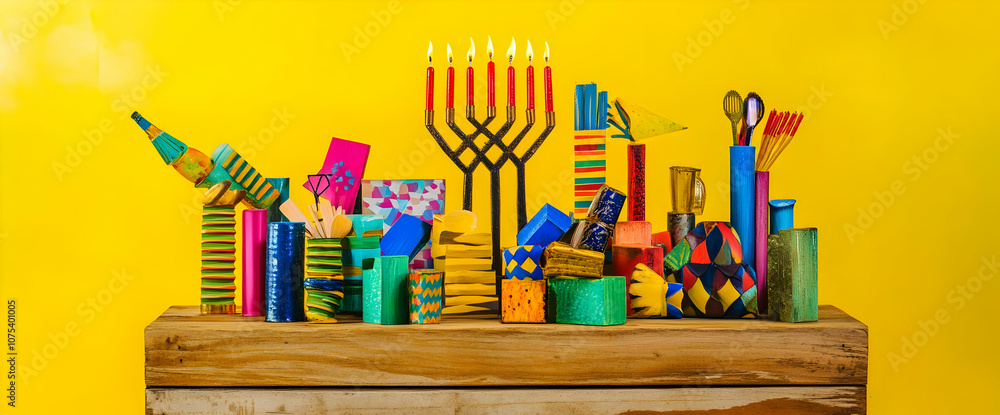 Poster a vibrant display of colorful objects and a menorah against a yellow background.