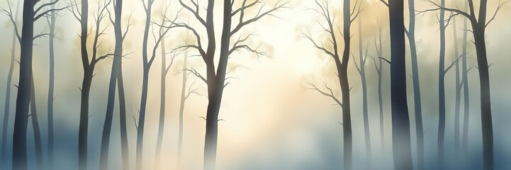 Delicate watercolor painting of a misty morning forest with soft light and shadows, elegant minimalist wall art, calming decor, watercolor painting