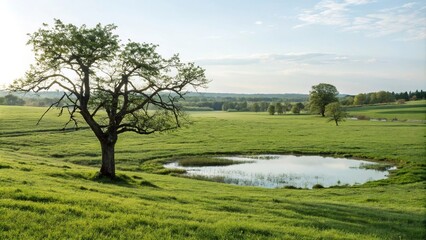 Obraz premium green field with a tree and a small pond, landscape, nature, shade, grass