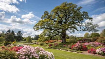 Naklejka premium Majestic oak tree stands tall amidst a tapestry of colorful flowers in a tranquil garden under a clear blue sky with puffy white clouds, sunlight, blooming, fauna, oak tree