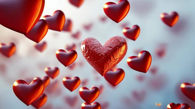 A 3D render of soft-textured red hearts, floating and emerging from the center of the image.