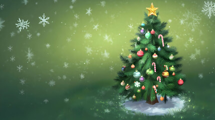 A festive Christmas tree adorned with colorful ornaments and a star, set against a snowy background.