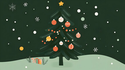 A whimsical Christmas tree with colorful ornaments and a gift, set against a dark background.