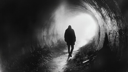 Obraz premium Silhouette of a person walking towards a bright light at the end of a tunnel