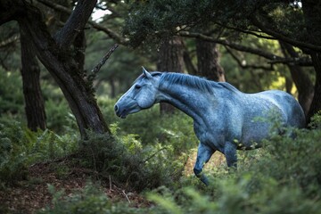 Fototapeta premium A single blue horse emerges from the underbrush, its coat shimmering like sapphires in the dappled light, as it sniffs the air with curiosity, mystical creatures, foliage, enchantment