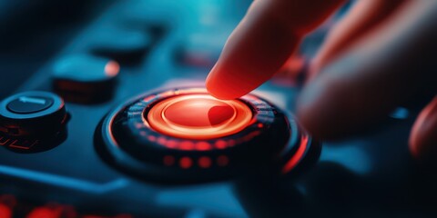 Finger pressing large red button, symbolizing activation and decision.