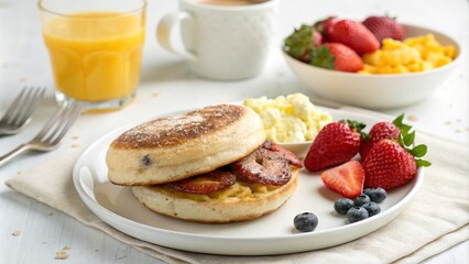 Breakfast food item sitting on a white background, food for breakfast, cheese, morning meal, tasty, meal time