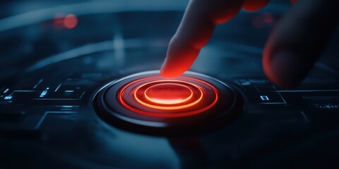 Finger pressing large red button, symbolizing urgency or important action.