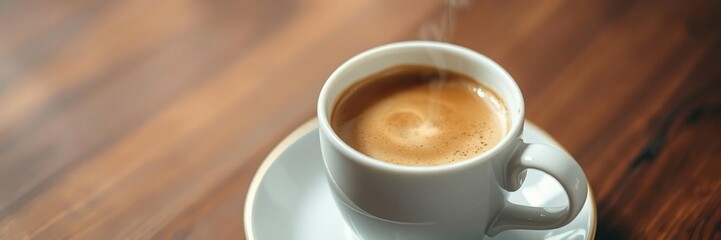 Obraz premium Close-up of a steaming cup of coffee on a saucer, rich colors, aromatic scent