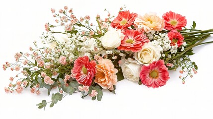 Beautiful Delicate Flower Bouquet Isolated on White Background Featuring Roses, Gerbera Daisies, and Baby's Breath for Elegant Decor or Gifting Purposes