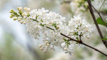 Close-up of white lilac blooms clustered at the end of a slender branch, botanical focus, bloom cluster, tiny blossoms