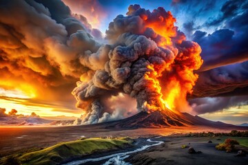 Fototapeta premium Volcanic Eruption with Fiery Lava and Dramatic Smoke Erupting from Crater â€“ Stunning Nature Scene for Educational and Creative Use