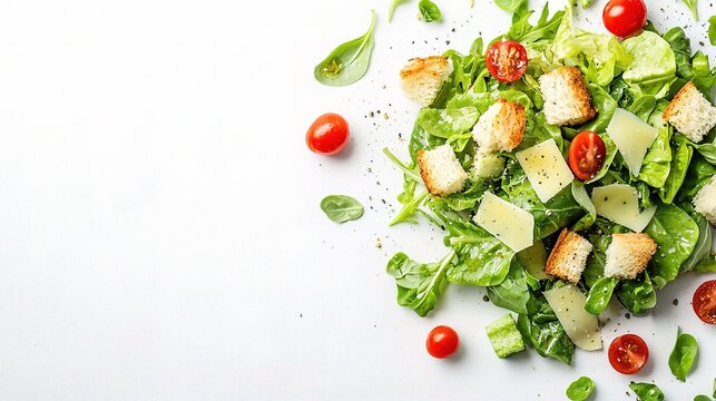 Fresh and Vibrant Caesar Salad with Crisp Lettuce, Juicy Tomatoes, Crunchy Croutons, and a Light Dressing Isolated on a Clean White Background for Culinary Use