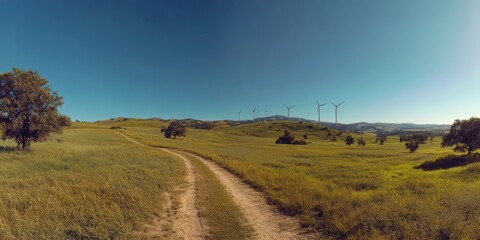 Obraz premium Row of tall wind turbines on green hillside under clear blue sky, generating clean energy.