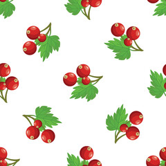 Red currant sprigs with green leaves create a seamless pattern, ideal for backgrounds, textiles, and food themed designs