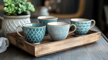 A wooden tray holds four decorative ceramic cups with intricate patterns, ideal for serving drinks.