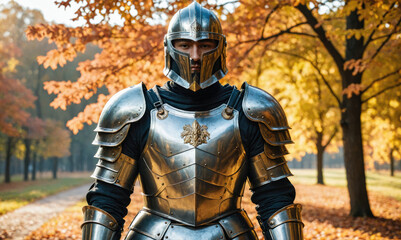 Fototapeta premium A knight stands in full armor in a forest during autumn