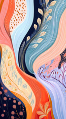 Colorful abstract patterns inspired by beach flora and fauna, featuring organic shapes and lively