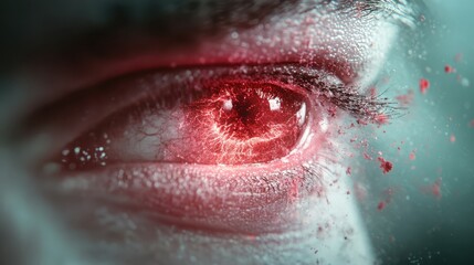 Fototapeta premium A mesmerizing close-up of an intense red eye filled with vivid detail, showcasing emotional turmoil in a surreal, dramatic atmosphere