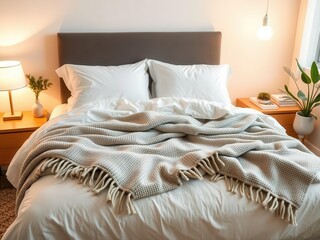 A cozy and inviting bedroom with a comfortable bed, soft pillows, warm blankets, and stylish decor, including a nightstand with a lamp and a small plant, blankets, inviting, bed