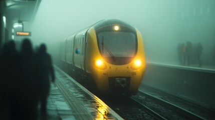 A yellow train approaches a foggy station as commuters wait shrouded in mist on a rainy afternoon