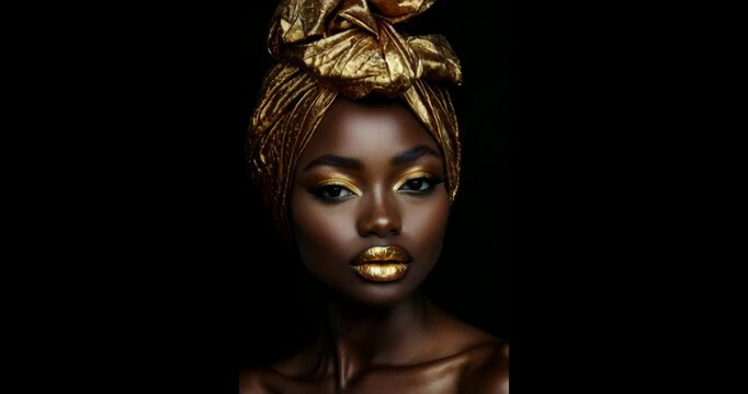 Close up portrait of a model woman with shimmering gold makeup and a black and gold patterned headscarf.