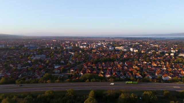 City of Paracin in central Serbia, aerial view. Top cinematic aerial view. 