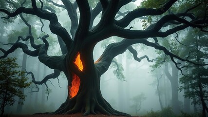 Naklejka premium Ancient tree with a glowing hollow trunk stands majestically in the center of a misty forest, mystical atmosphere, natural wonder