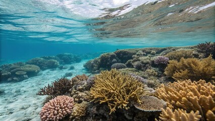 Fototapeta premium Close-up of an atoll's surface with coral and seaweed, ecosystem, seaweed
