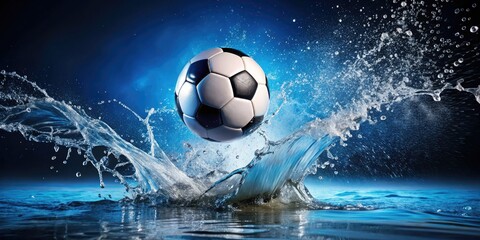 Naklejka premium Dynamic Soccer Ball Splashing into Water with Vibrant Blue Background - Long Exposure Sports Photography