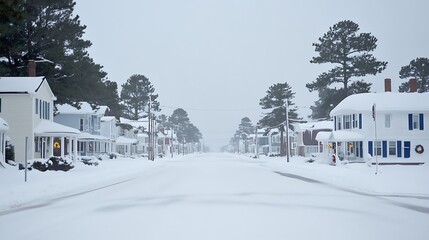 Obraz premium Snow-covered houses on a street lined with pine trees