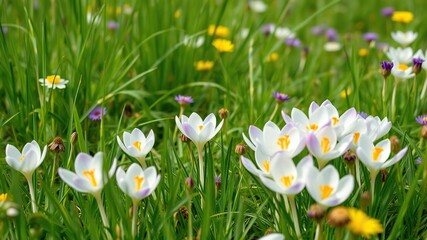 Fototapeta premium Softly blooming spring crocus flowers amidst a lush green meadow with tall grasses and wildflowers in focus, tall grass, garden scene, spring crocus
