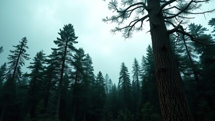 Tall tree standing alone in a stormy forest, elemental forces, branches swaying