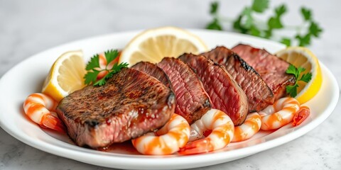 Tender succulent steak slices are placed on a white plate, surrounded by succulent shrimp, and garnished with fresh parsley and lemon wedges, fine dining, succulent shrimp, appetizer
