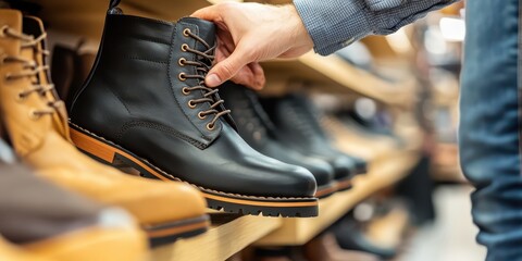 Male buyer trying on black leather boots in shoe store, close-up view of shopping detail.