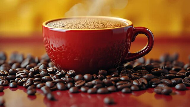 A yellow and half red background with a red cup of coffee in the center, with coffee beans.