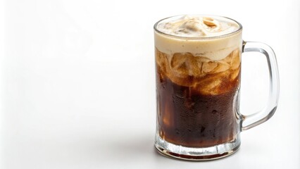 Cold brew mug with a thick layer of creamy foam isolated on a crisp white background, transparent liquid, smooth texture, foam