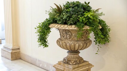 Decorative round vase with lush greenery, green plants, indoor gardening, decorative accent