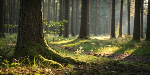Obraz premium Forest Floor with Gently Luminous Tree Trunk, mystical forest, eerie lighting