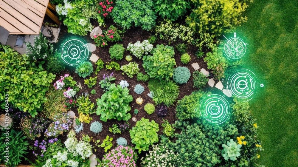 Aufkleber the smart garden showcases flourishing plants and flowers, enhanced by automated sprinklers and soil