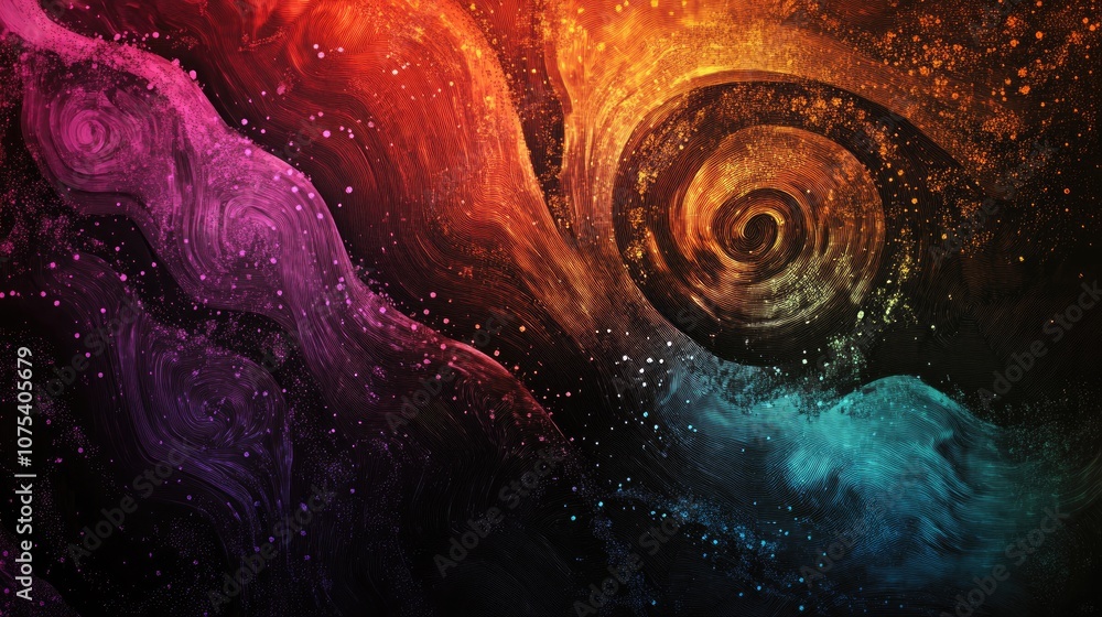 Fototapete line art illustration of a dark fractal image featuring a spiral hand drawn design on a multicolored