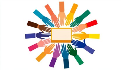 Diverse hands united around a blank space.