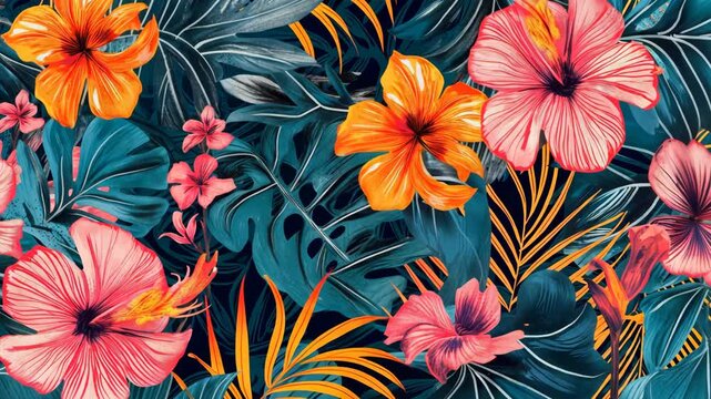 Modern colorful tropical floral pattern, hand-drawn unique animation.