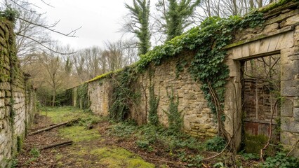 Distressed stone wall with overgrown moss and vines, nature-inspired, architectural details, bohemian style