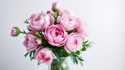 Pink peonies and roses in a vase with greenery, garden fresh, floral art, rose arrangement